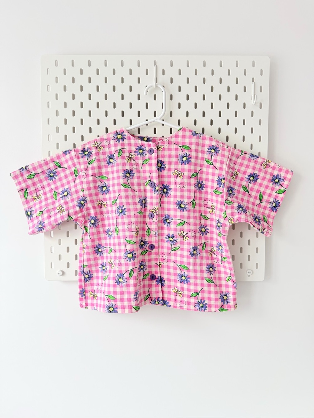 Vintage Pink denim Gingham Floral Button Shirt kids size 10-12T